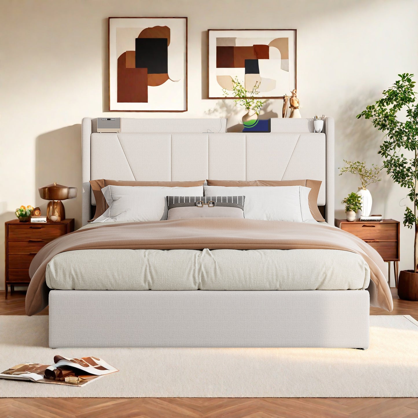 Bedframe – Tweepersoonsbed – Gestoffeerd Bed – Bedplaats – Slaapbank – 160x200 cm – Beige Linnen Bekleding – Hydraulische Opbergruimte