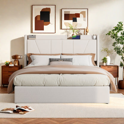 Bedframe – Tweepersoonsbed – Gestoffeerd Bed – Bedplaats – Slaapbank – 160x200 cm – Beige Linnen Bekleding – Hydraulische Opbergruimte