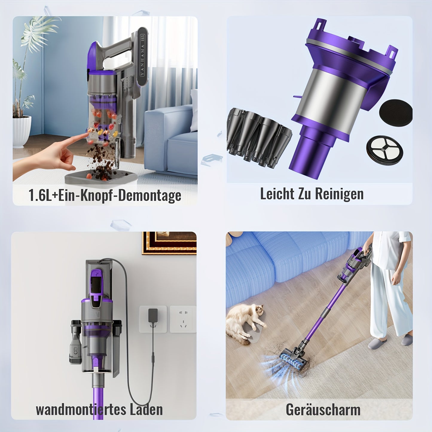 Draadloze Stofzuiger – Handstofzuiger – Steelstofzuiger – Steelstofzuiger – Stofzuiger Zonder Snoer – Paars – Verwijderbare Accu – OLED-Display