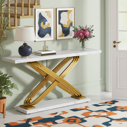 Sidetable – Consoletafel – Wandtafel – Haltafel – Bijzettafel – Smal Rechthoekig Ontwerp – Faux Marmeren Gouden Blad – Robuust Massief Houten Frame