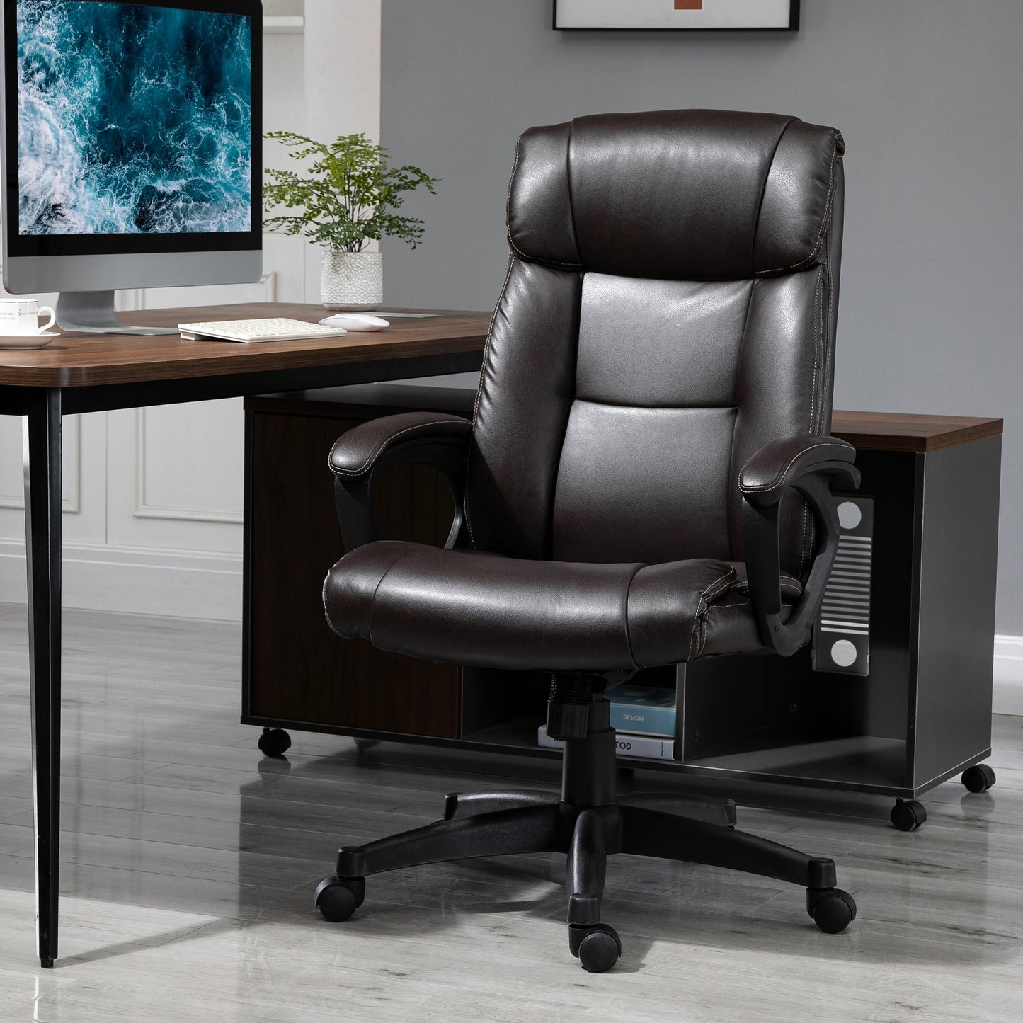 Ergonomische Bureaustoel – Bureaustoel Met Wielen – Draaistoel – Kantoorstoel – Werkstoel – Verstelbare Zithoogte – Kunstleren Bekleding Chocola