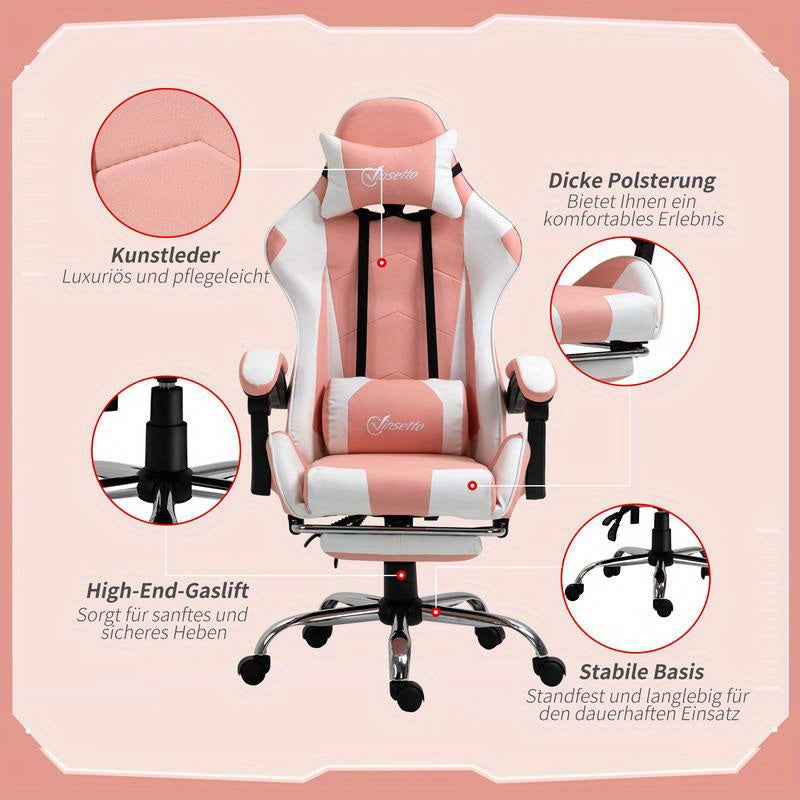 Gamingstoel – Bureaustoel – Gamestoel – Werkstoel – Office Chair – Ergonomisch – Verstelbare Hoogte 119-127 cm – 360° Draaibaar – Lendensteun – Metalen Frame – PVC Leer – Hoofdsteun – Roze Zwart