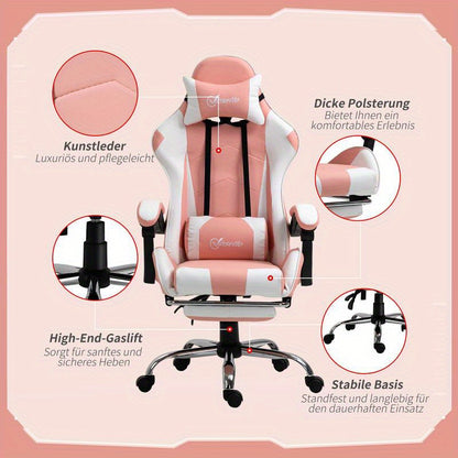 Gamingstoel – Bureaustoel – Gamestoel – Werkstoel – Office Chair – Ergonomisch – Verstelbare Hoogte 119-127 cm – 360° Draaibaar – Lendensteun – Metalen Frame – PVC Leer – Hoofdsteun – Roze Zwart