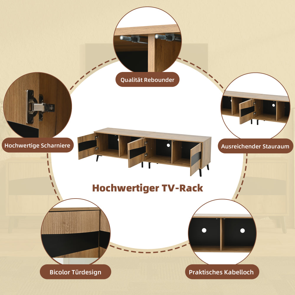 TV-meubel – TV-kast – TV-meubel woonkamer – Lowboard – Mediaconsol – Natuurlijke Houtkleur Met Zwarte Accenten – 180 cm Breed Met 4 Kasten En 30 kg Draagvermogen