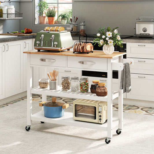 Keukenwagen – Keukenkar – Serviewagen – Werktafel – Trolley – Rollende Opbergruimte – Rubberwood Werkblad – 2 Lades en 2 Open Planken – Wieltjes met Remmen – Stevige Houten Constructie – Wit
