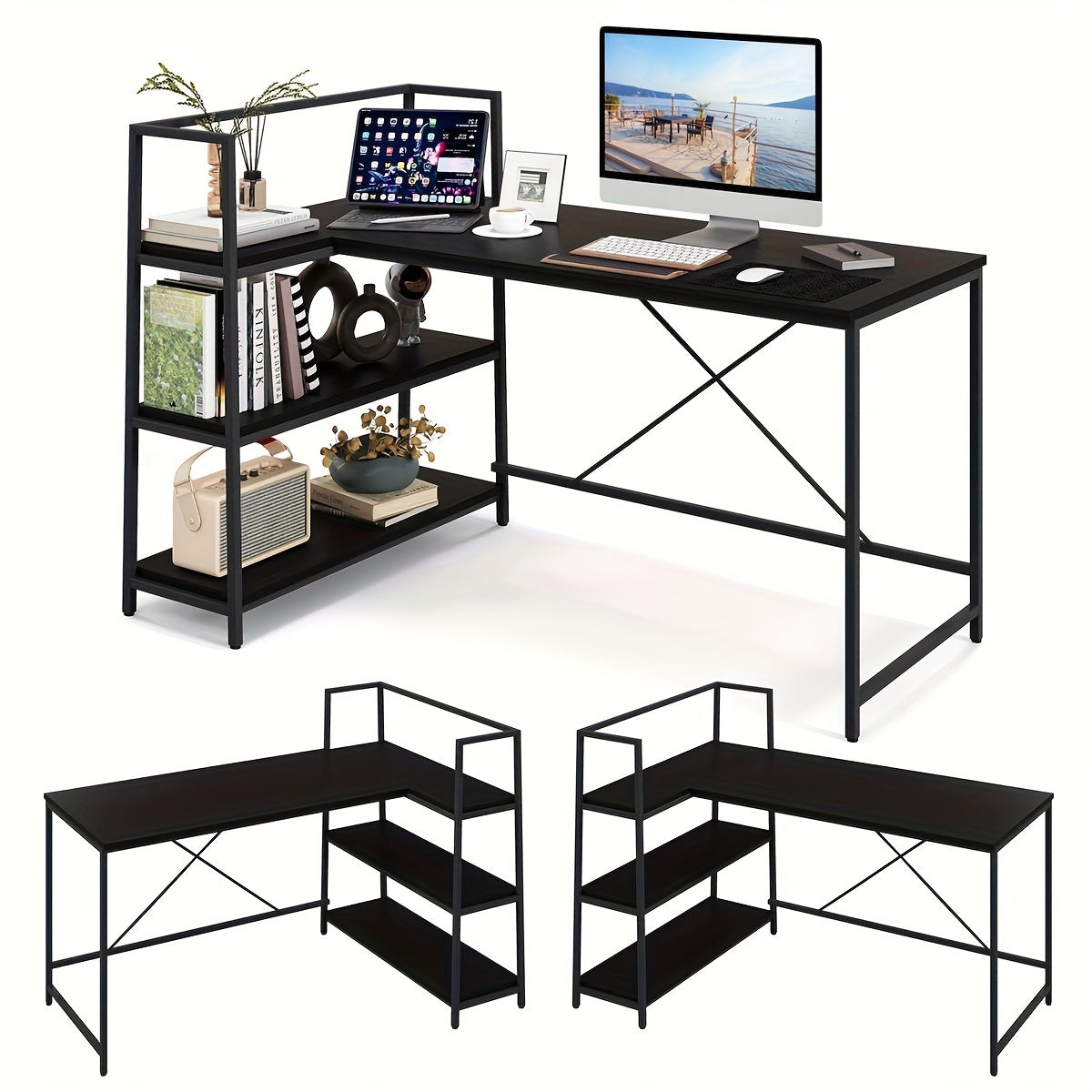 Hoekbureau – L-vormig Bureau – Computerbureau – Werkplek Meubel – Study Desk – Reversibel Ontwerp – Met 3 Open Planken – Zwart – Stevig Metaal & Houtfineer – Ruim Werkblad 122x61 cm
