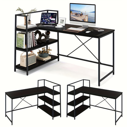 Hoekbureau – L-vormig Bureau – Computerbureau – Werkplek Meubel – Study Desk – Reversibel Ontwerp – Met 3 Open Planken – Zwart – Stevig Metaal & Houtfineer – Ruim Werkblad 122x61 cm