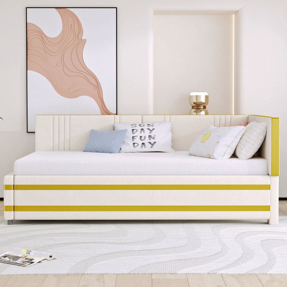 Gestoffeerd Bed – Sofa Bed – Multifunctioneel Bed – Bedbank – Eenpersoonsbed – 90x200 cm – Fluwelen Bekleding – Lattenbodem Voor Comfort - Beige