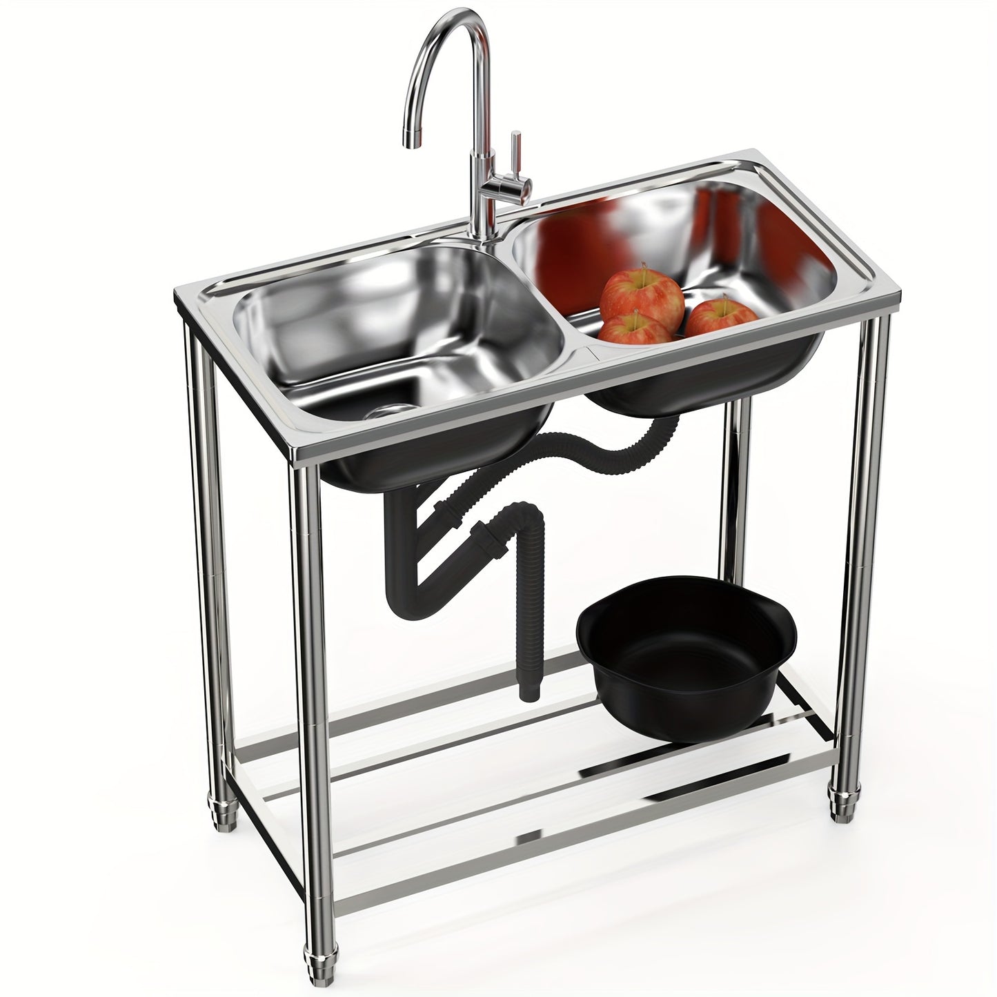 Buitenkeuken Spoelbak – Tuinbak – Mobiele Wasbak – RVS Wastafel – Dubbele Kom – Roestvrij Staal – Vrijstaand – Warm en Koud Water