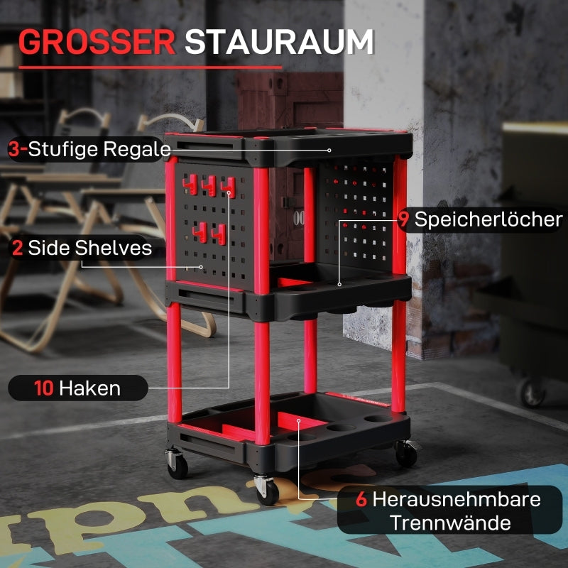 Opbergwagen – Gereedschapswagen – Werkplaatskar – Mobiele Opbergkar – Zwarte Opbergwagen – 3-laags Met Verstelbare Vakken – 91 kg Draagvermogen Met Remmen