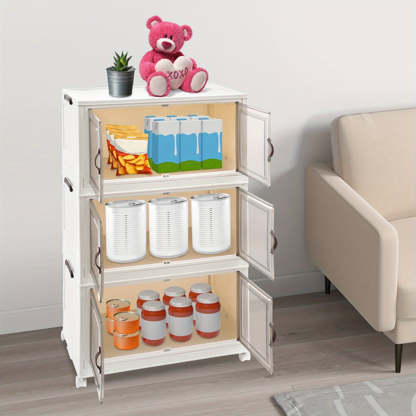 Extra Large Cabinet Locker Cabinet Storage Cabinet with Doors - Heavy-Duty PP/HIPS, Foldable Modular Design with 4-Wheel Mobility, 3-Tier Shelving System for Home, Office, Gym - Space-Saving Storage Cabinet with Door Locking