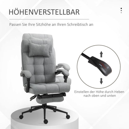 Bureaustoel – Draaistoel – Kantoorstoel – Gamestoel – Bureaustoel met armleuningen – Verstelbare zithoogte 47-55 cm – Kantelbare rugleuning 90°-155° – Met hoofdsteun en uittrekbare voetensteun – Lichtgrijs linnenstof en schuim