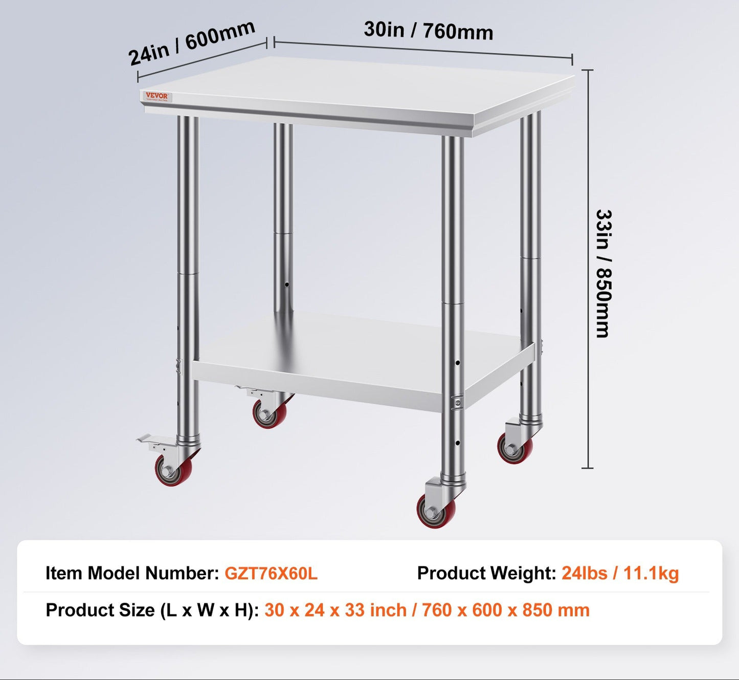 Werktafel – Werkbank – Werkoppervlak – Werkplateau – Roestvrijstaal – Verstelbare Planken – Zwenkwieltjes – 61x76x86 cm