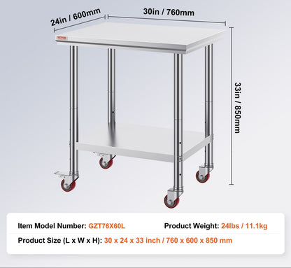 Werktafel – Werkbank – Werkoppervlak – Werkplateau – Roestvrijstaal – Verstelbare Planken – Zwenkwieltjes – 61x76x86 cm