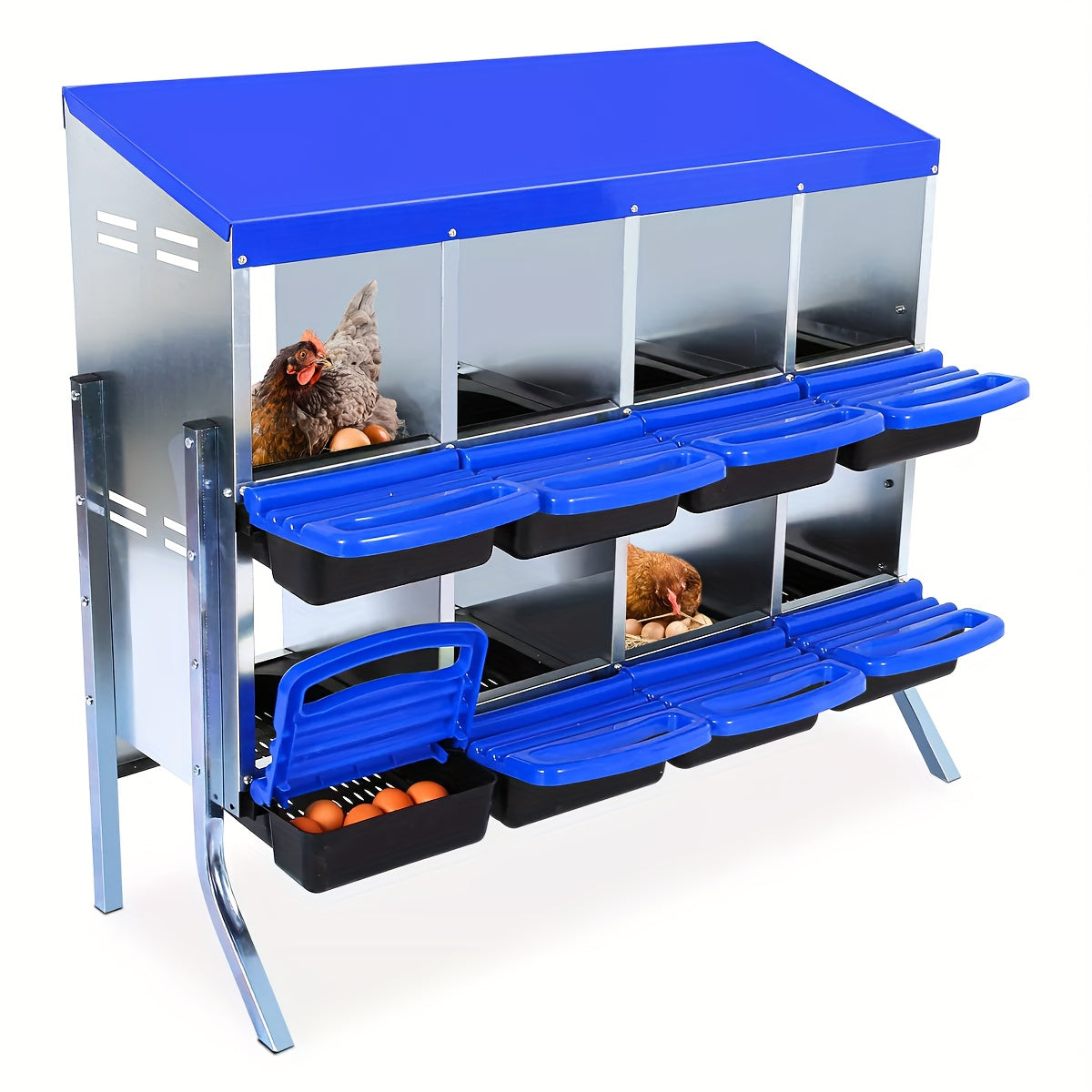 6/8/10-Hole Heavy-Duty Metal Chicken Nesting Boxes with Roll-On Egg Collection System, Ventilation Holes & Keylock Installation - All-Weather Durable Laying Boxes with Removable Trays & Egg Storage for Hens, Ducks, Geese - Ea