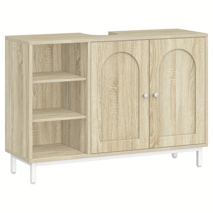 Badkamermeubel – Badkamerkast – Onderkast – Wastafelmeubel – Toiletmeubel – Licht Eiken – 2 Deuren Met Verstelbare Planken – Vochtbestendig P2 MDF Met Metalen Poten