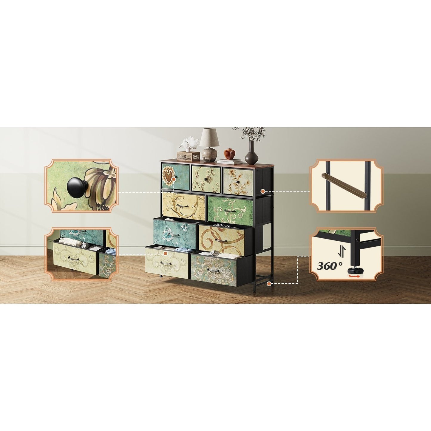 Dressoir – Ladekast – Opbergkast – Kasten – Sideboard – Retro Design – 9 Uitschuifbare Lades – Metaal Met Houten Bovenblad