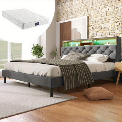 Bed Met Opbergruimte – Tweepersoonsbed – Slaapbed – Ledikant – Boxspring – Matras Inclusief – Gestoffeerd Grijs – Houten Lattenbodem – 140x200 cm