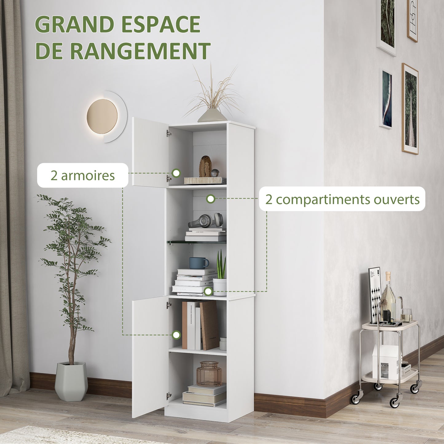 HOMCOM Storage Furniture Bookcase, Storage Shelf, with 2 Doors, Adjustable Shelves, for Living Room, Home Office, Bedroom, 40 x 38 x 160 cm White