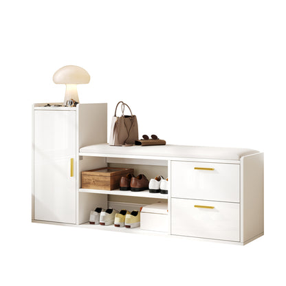 Modern White Metal Shoe Cabinet with Bench & 2 Drawers - Glossy Storage Shoe Rack with Cushioned Seat, Space-Saving Entryway Organizer for Hallway, Living Room, Office - Durable Metal Construction, No Electrical Required