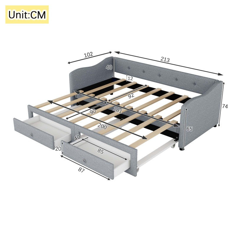 Slaapbank – Sofa Bed – Bedbank – Uitschuifbed – Bedbank met Lade – Grijze Linnenstof – Ruimtebesparend Ontwerp – Met 2 Opberglades