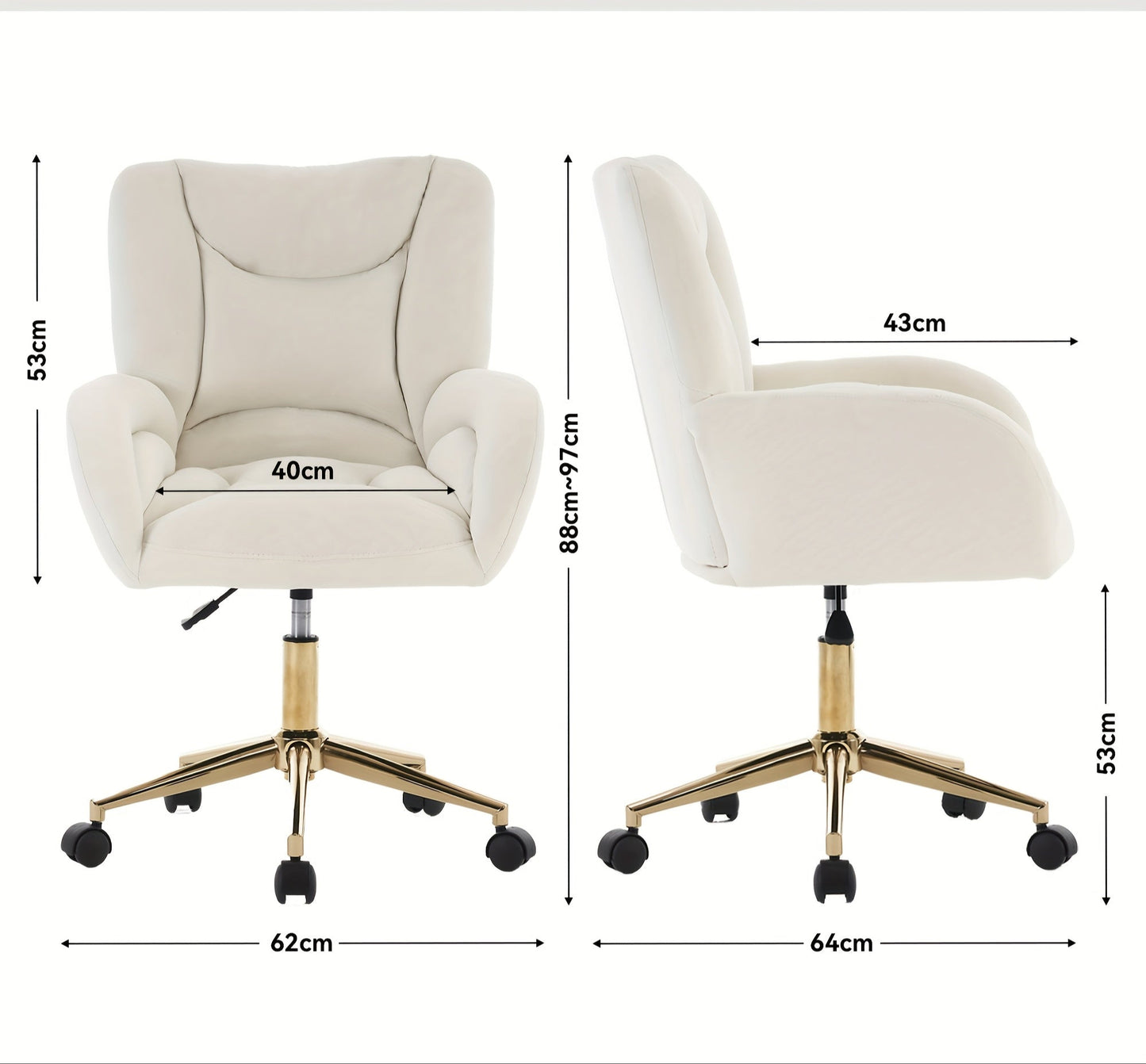Bureaustoel – Draaistoel – Office Chair – Kantoorstoel – Bureaustoelen – Velvet Ivoor – Verstelbare Hoogte – Gouden Metalen Poten