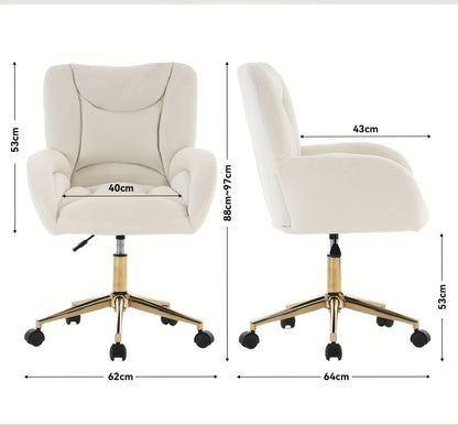 Bureaustoel – Draaistoel – Office Chair – Kantoorstoel – Bureaustoelen – Velvet Ivoor – Verstelbare Hoogte – Gouden Metalen Poten