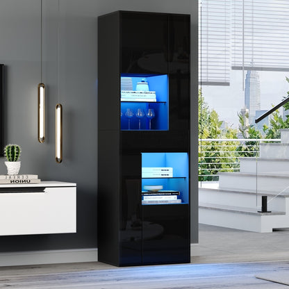 Dressoir – Opbergkast – Ladekast – Buffetkast – Kast – Zwart – Glazen Deuren – 55x38x170 cm – 4 Kasten & 1 Lade – Modern Minimalistisch Design