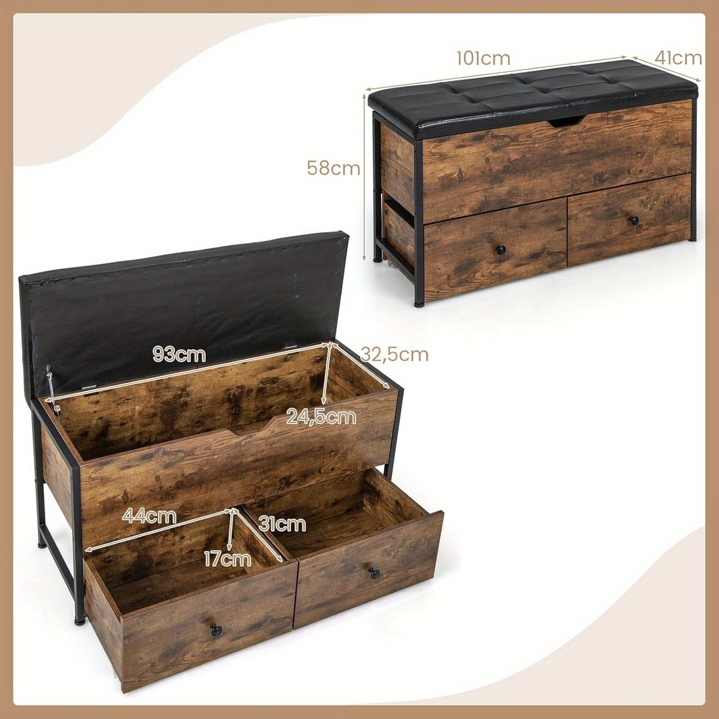 Schoenenbank – Schoenenkast – Schoenopberger – Halbank – Opbergbank – Extra breed met 2 laden – Houten constructie met metalen frame – 150 kg draagvermogen – Industrieel design – Bruin-1