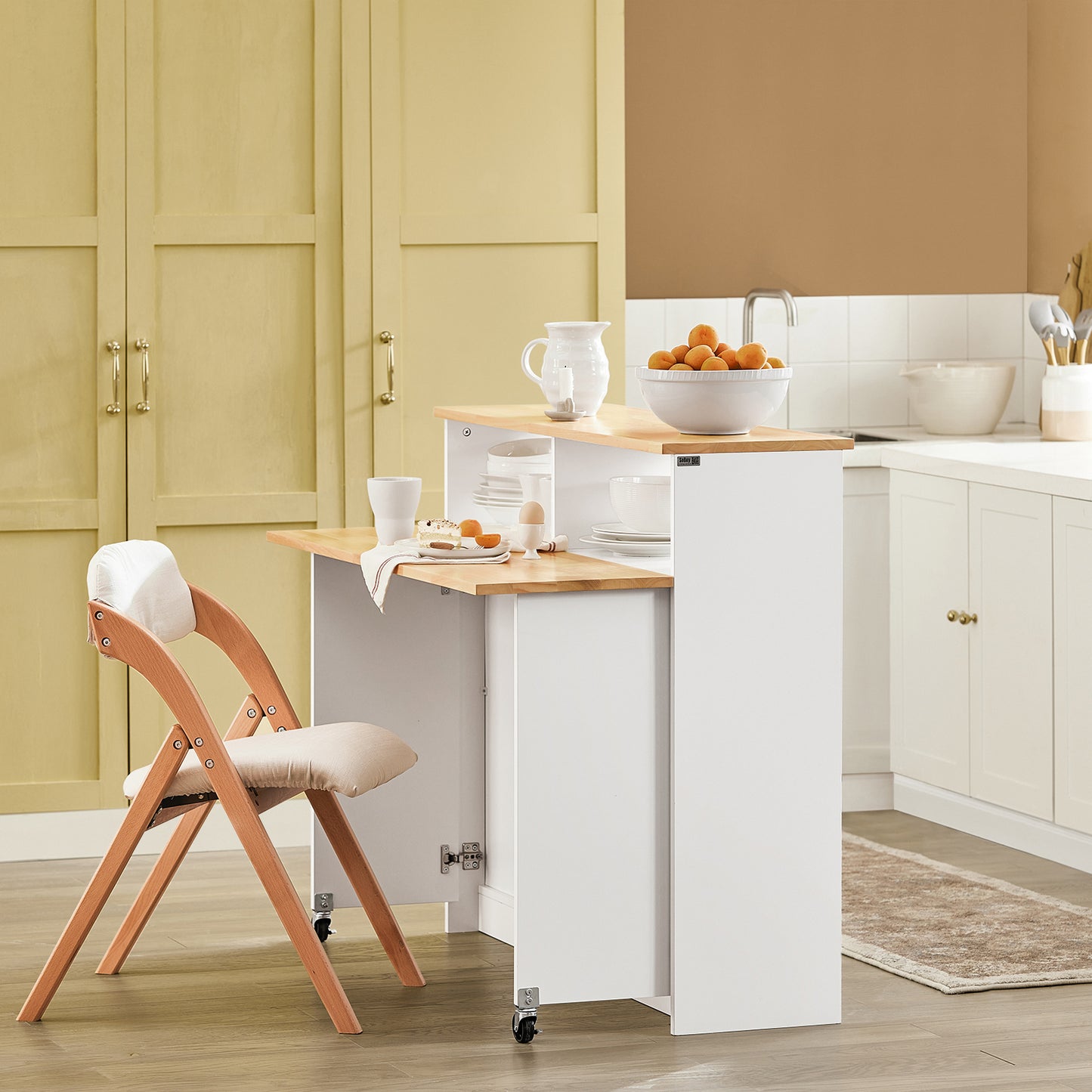 Keukeneiland – Keukenmeubel – Keukenkast – Buffetkast – Keukentrolley – Werkblad van Rubberwood – 6 Verstelbare Planken met Schuifdeuren