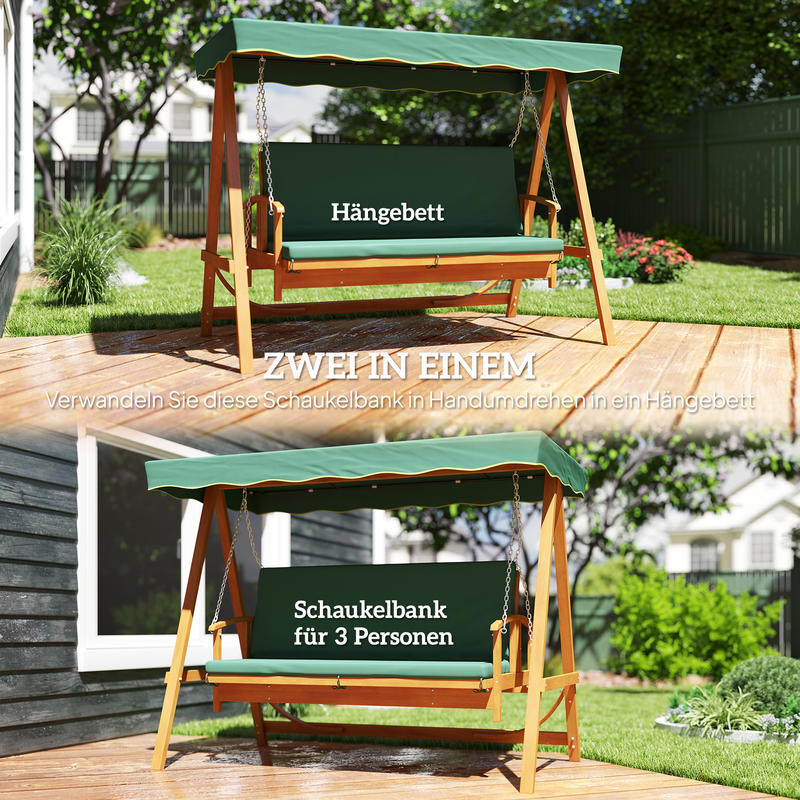 Hollywood swing with sunroof, real wood garden swing, swing bench with reclining function, for 3 people, dark green,  Stylish Seating, Classic Design, Weatherresistant Material, Durable Metal Frame, Threeseater Swing, Sun Can