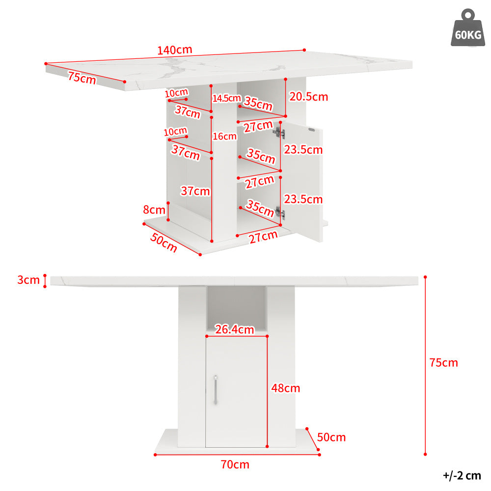 Eettafel – Dinertafel – Keukentafel – Woonkamertafel – Tafel – Modern – 3 Lade-Opbergniveaus – Marmerlook Tafelblad – Wit – 140x75x75 cm – Ruimtebesparend – Volledig Gemonteerd