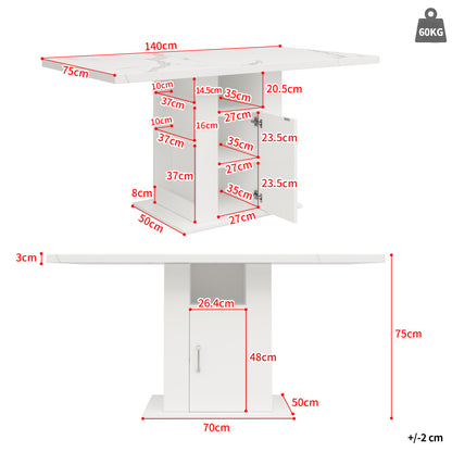 Eettafel – Dinertafel – Keukentafel – Woonkamertafel – Tafel – Modern – 3 Lade-Opbergniveaus – Marmerlook Tafelblad – Wit – 140x75x75 cm – Ruimtebesparend – Volledig Gemonteerd
