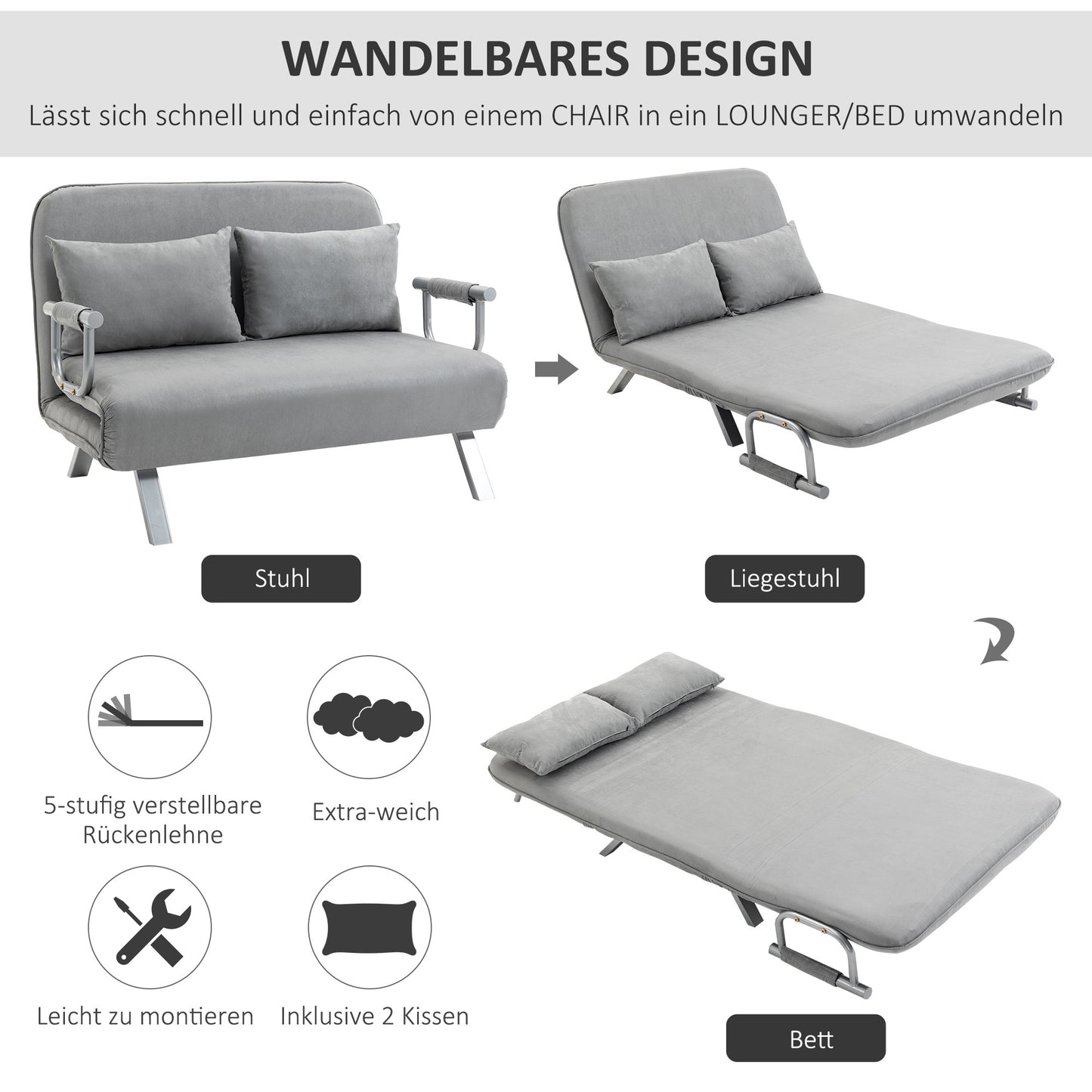 2-Zits Slaapbank – Tweezitsbank – Slaapbankje – Logeerbed – Zetel – Lichtgrijs – Inclusief 2 Kussens – Compact & Duurzaam