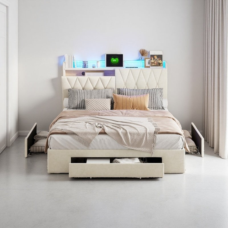 Bed 160 x 200 cm – Ledikant – Boxspring – Opbergbed – Tweepersoonsbed – Met USB-poort – 3 Wisselbare LED-kleuren – Velvet Bekleding