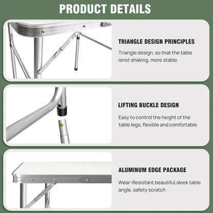 Verstelbare Vouwbare Camping - Picknicktafel – Lichtgewicht Aluminium Frame met Houten Blad – Ruimtebesparend Werk- of Eettafel voor Balkon, Tuin of Kleine Keuken