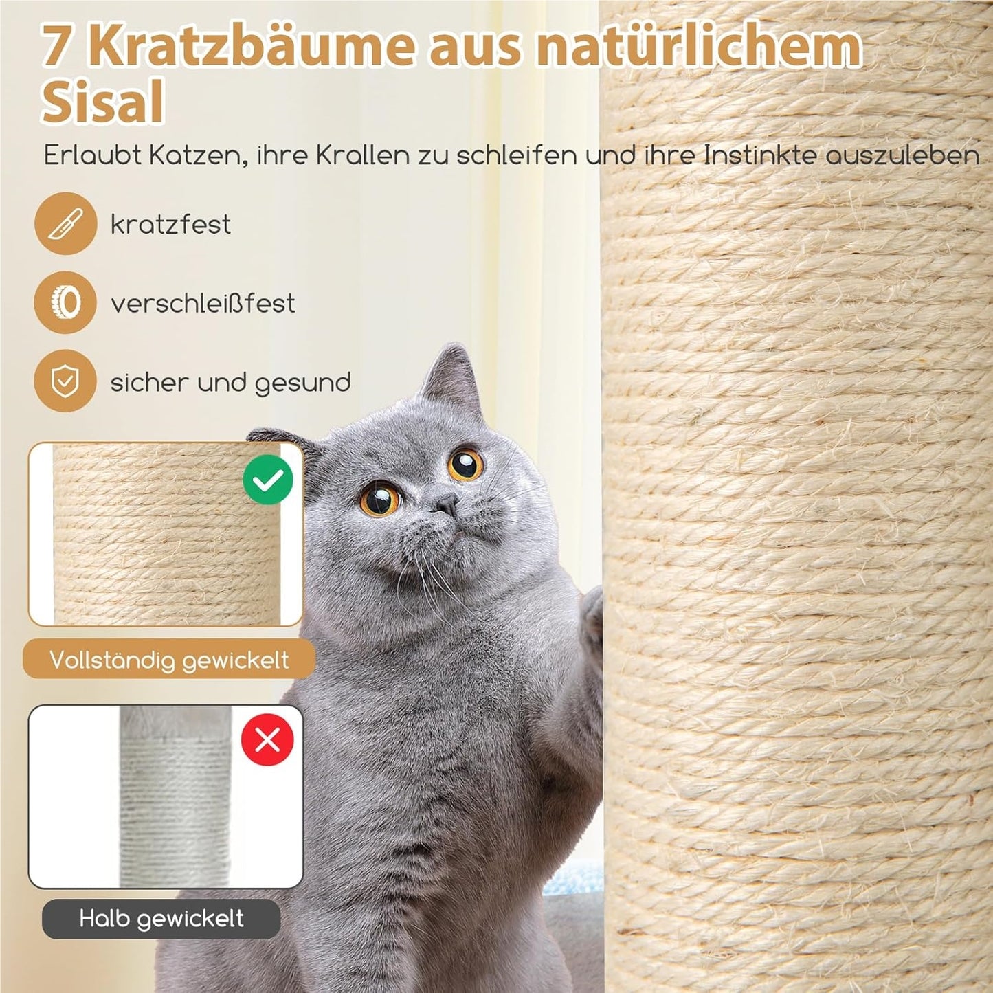 Krabpaal Kat – Klimboom Kattenmeubel – Speelboom Kat – Krabton – Kattenhuis – 151 cm Hoog – Natuurlijk Houten Sisal Krabpost