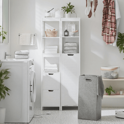 Badkamerkast – Kolomkast – Opbergkast – Smalle Kast – Vloerkast – Met Wasmand – 30x30x145 cm Wit – MDF & Bamboe
