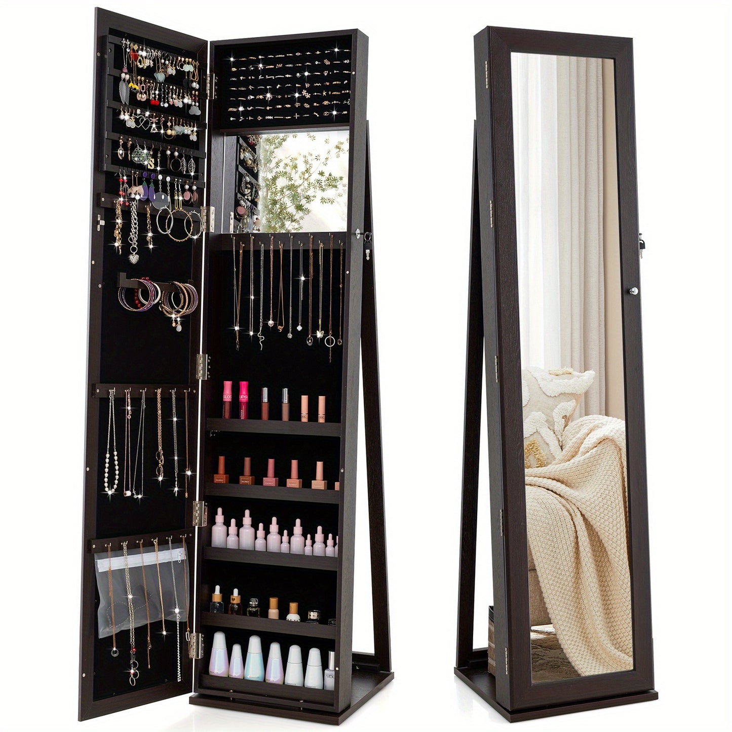 Staande Sieradekast – Sieradenkast Met Slot – Opbergkast Voor Sieraden – Make-up Spiegel Kast – Sieraden Organizer – Volledige Spiegel – 91 Ringenhouders – P2 MDF Bruin