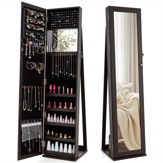 Staande Sieradekast – Sieradenkast Met Slot – Opbergkast Voor Sieraden – Make-up Spiegel Kast – Sieraden Organizer – Volledige Spiegel – 91 Ringenhouders – P2 MDF Bruin