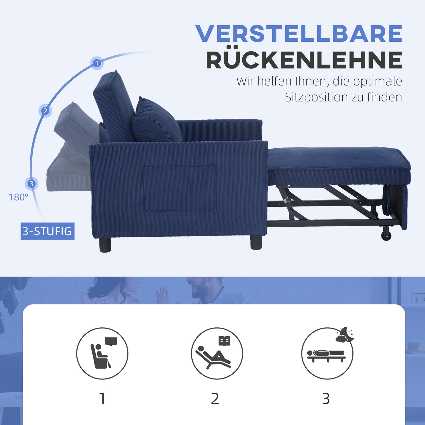 Ligstoel – Slaapstoel – Relaxfauteuil – Ligbed – Opvouwbare Tuinstoel – 3-in-1 Met Verstelbare Rugleuning – Stevig Eucalyptus Hout Met Wieltjes – Blauw