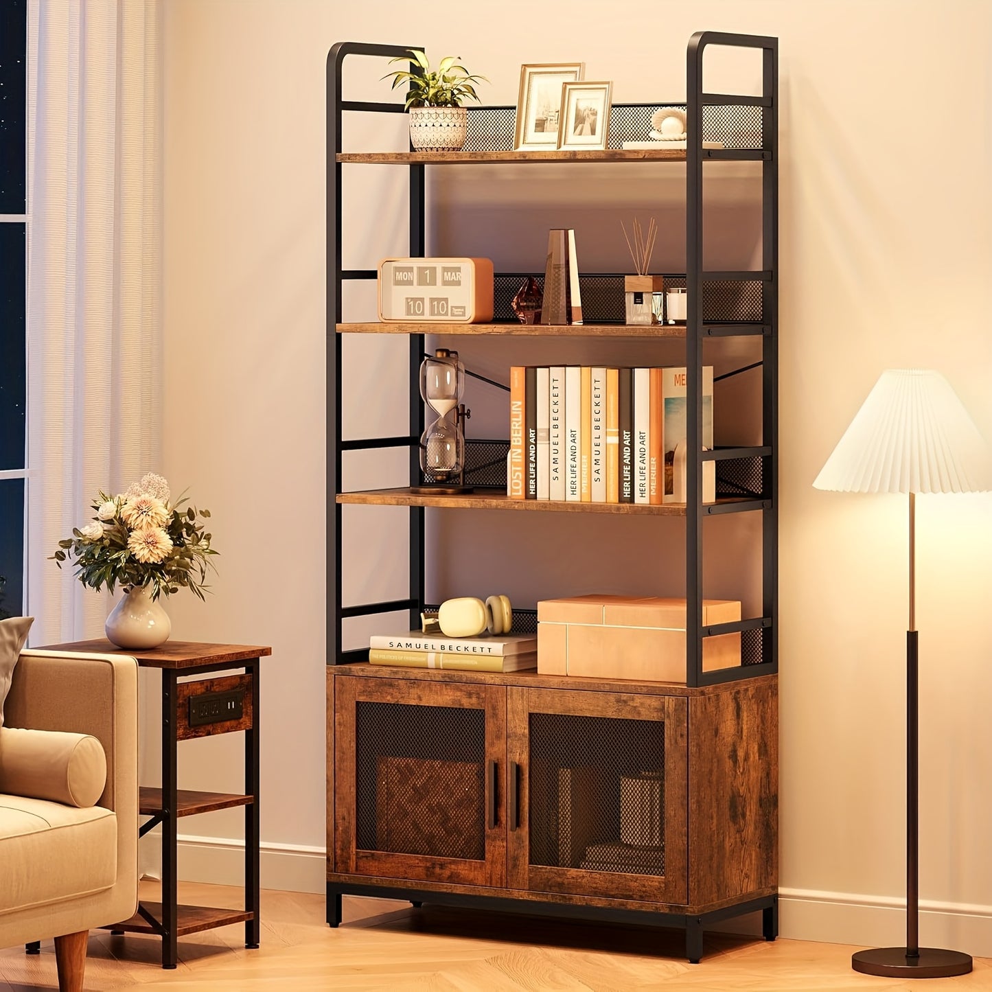 Bookshelf with Doors Industrial Bookcase with 4 Tiers Open Storage Shelf Rustic Bookshelves 180.01cm Tall Display Rack Cabinet Farmhouse Bookshelf for Bedroom, Living Room, Home Office
