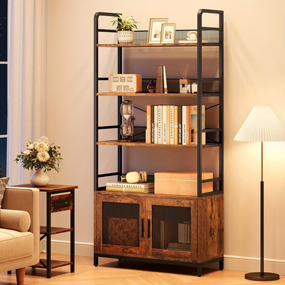 Bookshelf with Doors Industrial Bookcase with 4 Tiers Open Storage Shelf Rustic Bookshelves 180.01cm Tall Display Rack Cabinet Farmhouse Bookshelf for Bedroom, Living Room, Home Office