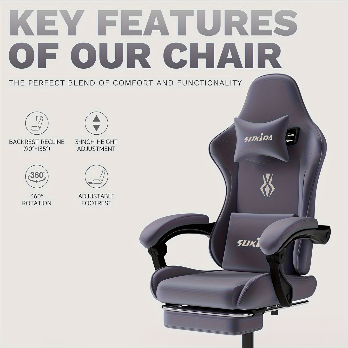 Gamingstoel – Gamestoel – Gaming Chair – Bureaustoel – Game Stoel – Ergonomisch Ontwerp – Verstelbare Rugleuning 135° – Voetsteun – Vuilafstotende Stoffering – Robuust Metalen Frame – Donkergrijs