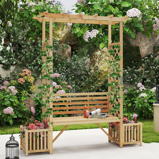 Tuinprieel – Pergola – Tuinboog – Houten Overkapping – Klimplantondersteuning – Met Bankje – Twee Plantenbakken – Duurzaam Hout – Natuurlijk Design