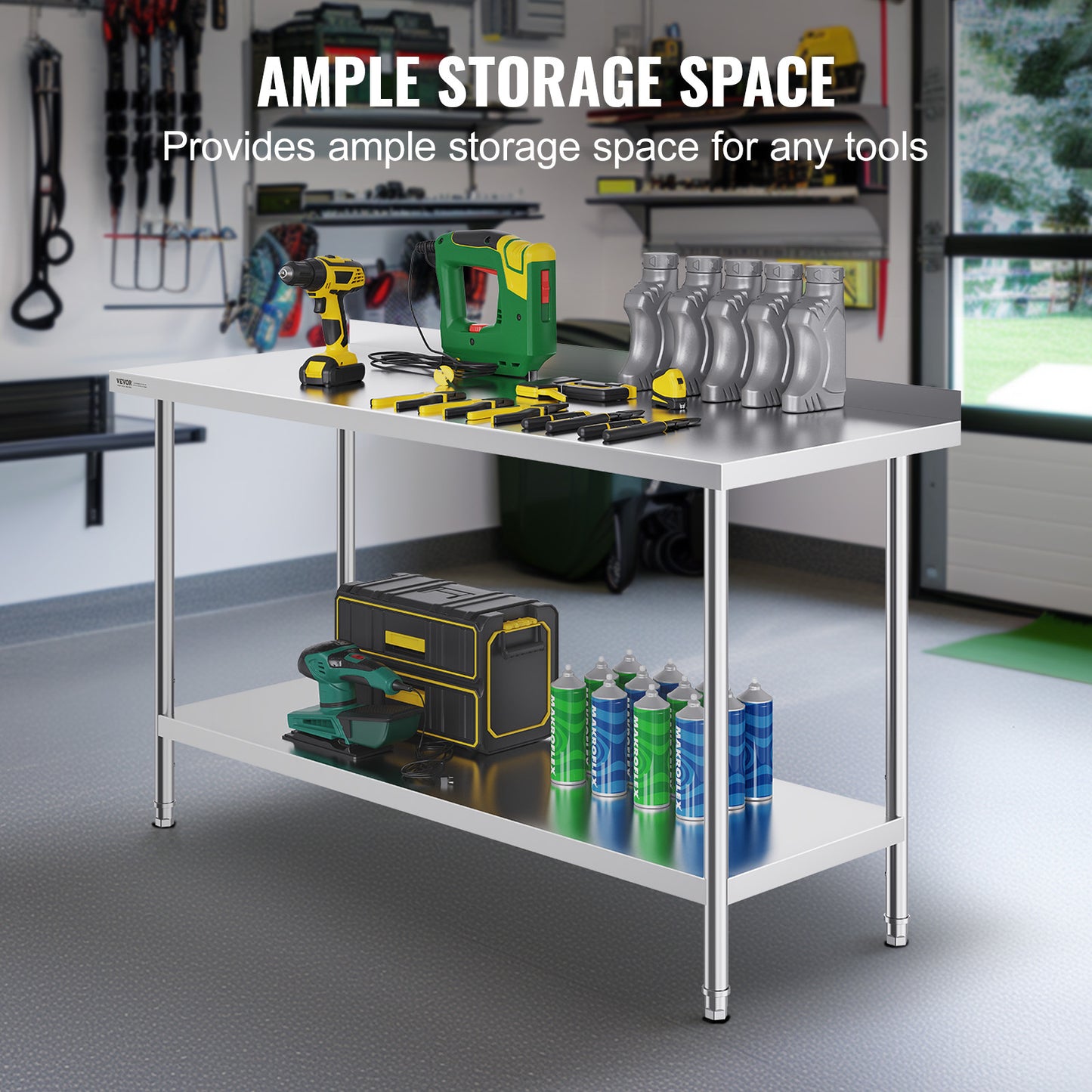 Werktafel RVS – RVS Tafel – Roestvrijstalen Werkbank – Keukentafel – Werkblad – 60 x 24 inch – 0,8 mm Dikte Roestvrij Staal – 3 Verstelbare Legplanken
