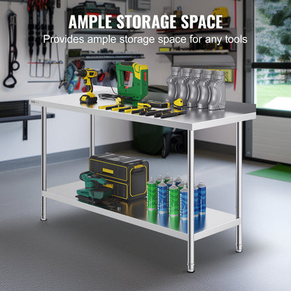 Werktafel RVS – RVS Tafel – Roestvrijstalen Werkbank – Keukentafel – Werkblad – 60 x 24 inch – 0,8 mm Dikte Roestvrij Staal – 3 Verstelbare Legplanken