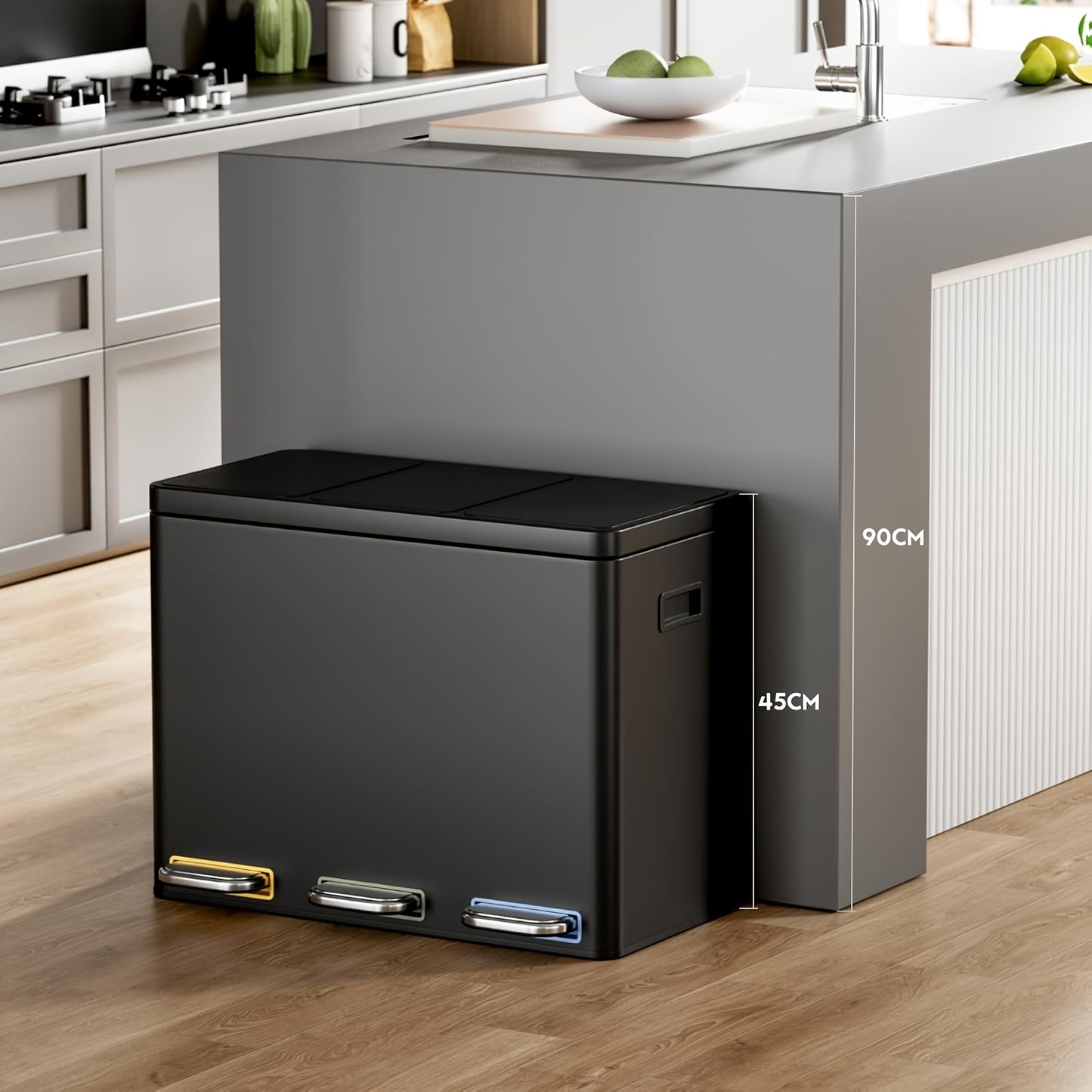 45 L Kitchen Trash Can | 3 Compartments, Soft-Close Lid, Inner Bin, Foot-Operated Recycling Bin, Waste Sorting Bin, Plastic, Polished Finish, Step-on Opening Mechanism