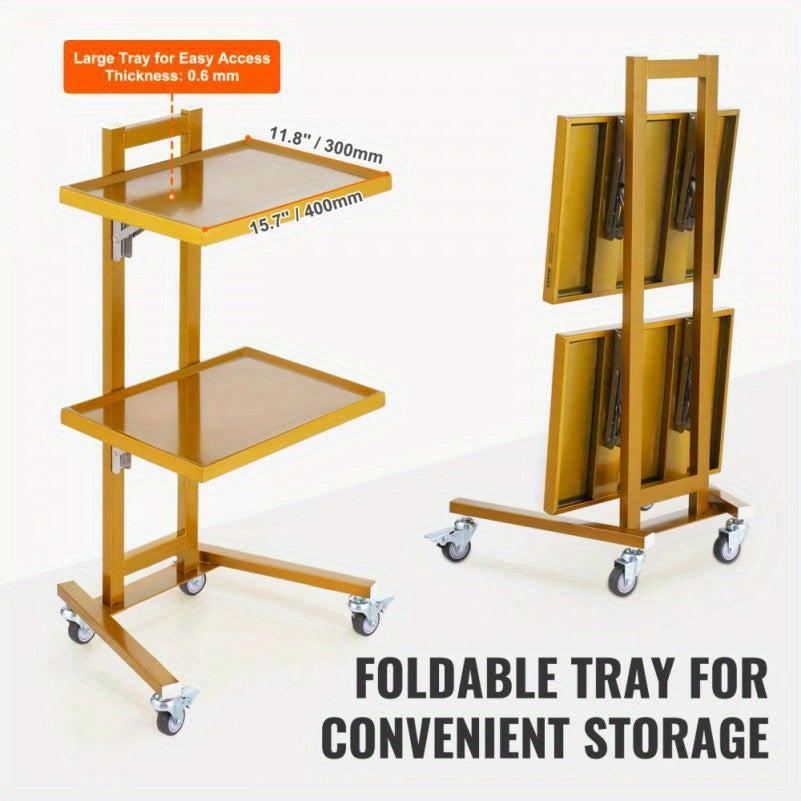 Mobiele Trolley – Labwagen – Werkwagen – Servicekar – Transportkar – Roestvrij Staal Heavy-Duty – Gouden Afwerking – Twee Etages – Geruisloze Wielen
