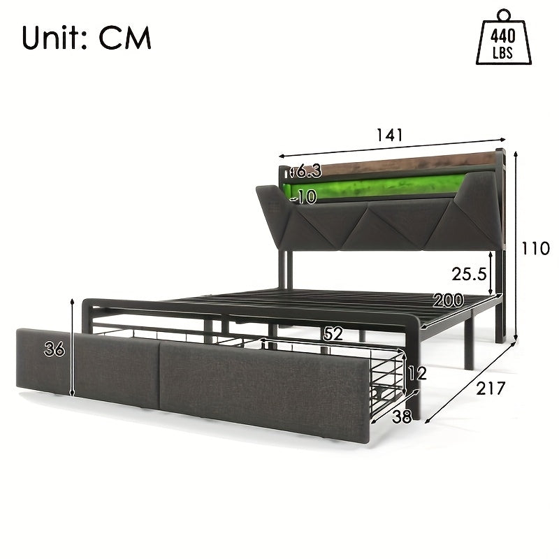 Bedframe – Bedframe Zonder Montage – Slaapbank – Bedframe Met Zijtafel – Slaapoplossing – Modern Grijs Bamboe – Stevig En Duurzaam – Geen Matras Nodig